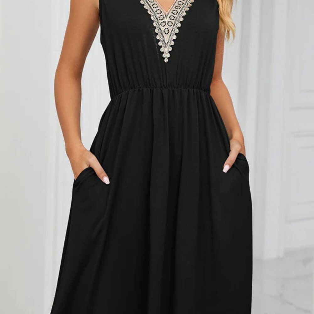 V Neck Patchwork High Waist Solid Color Dress - Xl - image 2